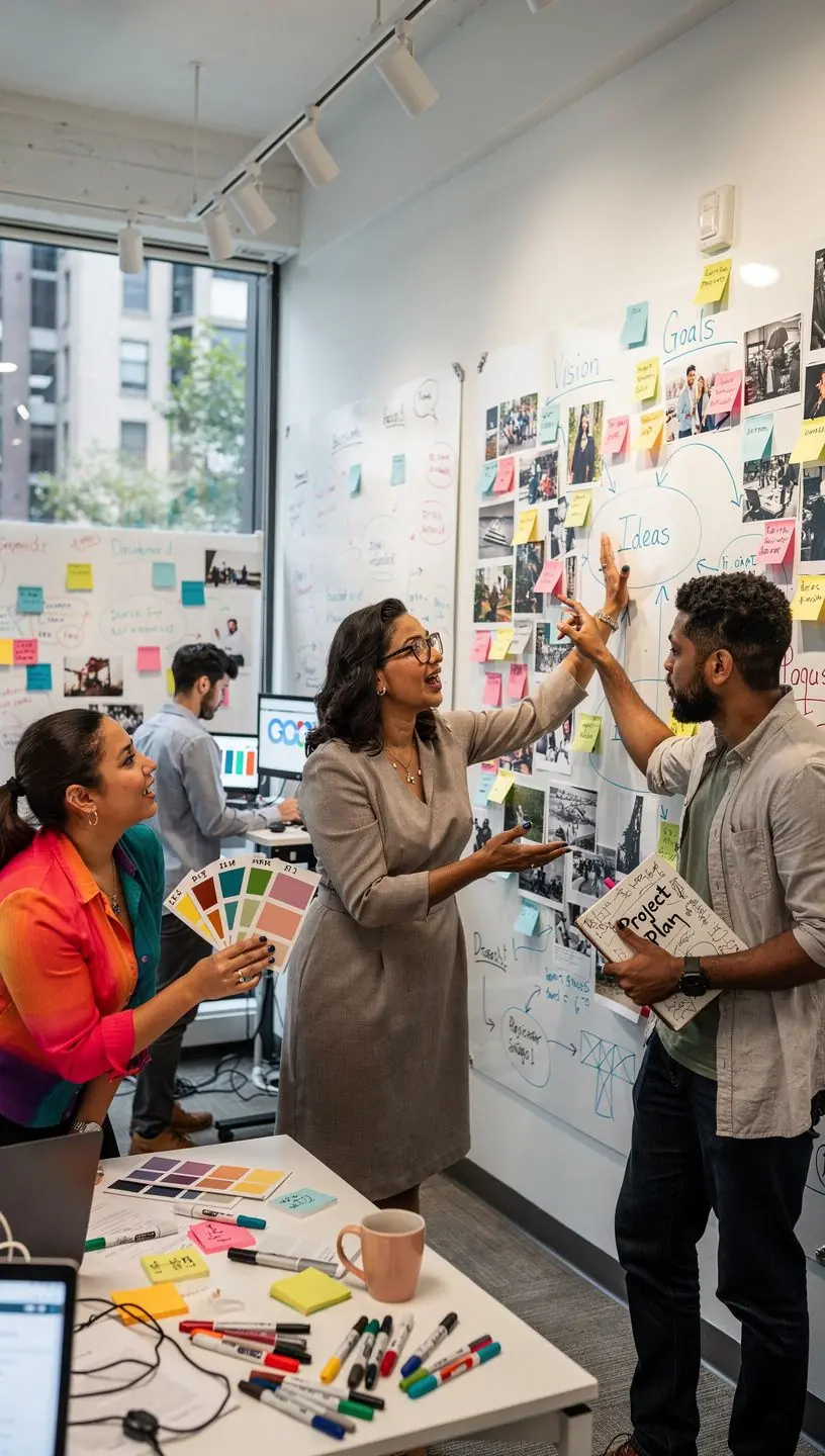 Strefa konferencyjna z dużym stołem i wygodnymi krzesłami w firmowych kolorach.